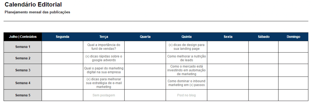 Calendário editorial plano editorial